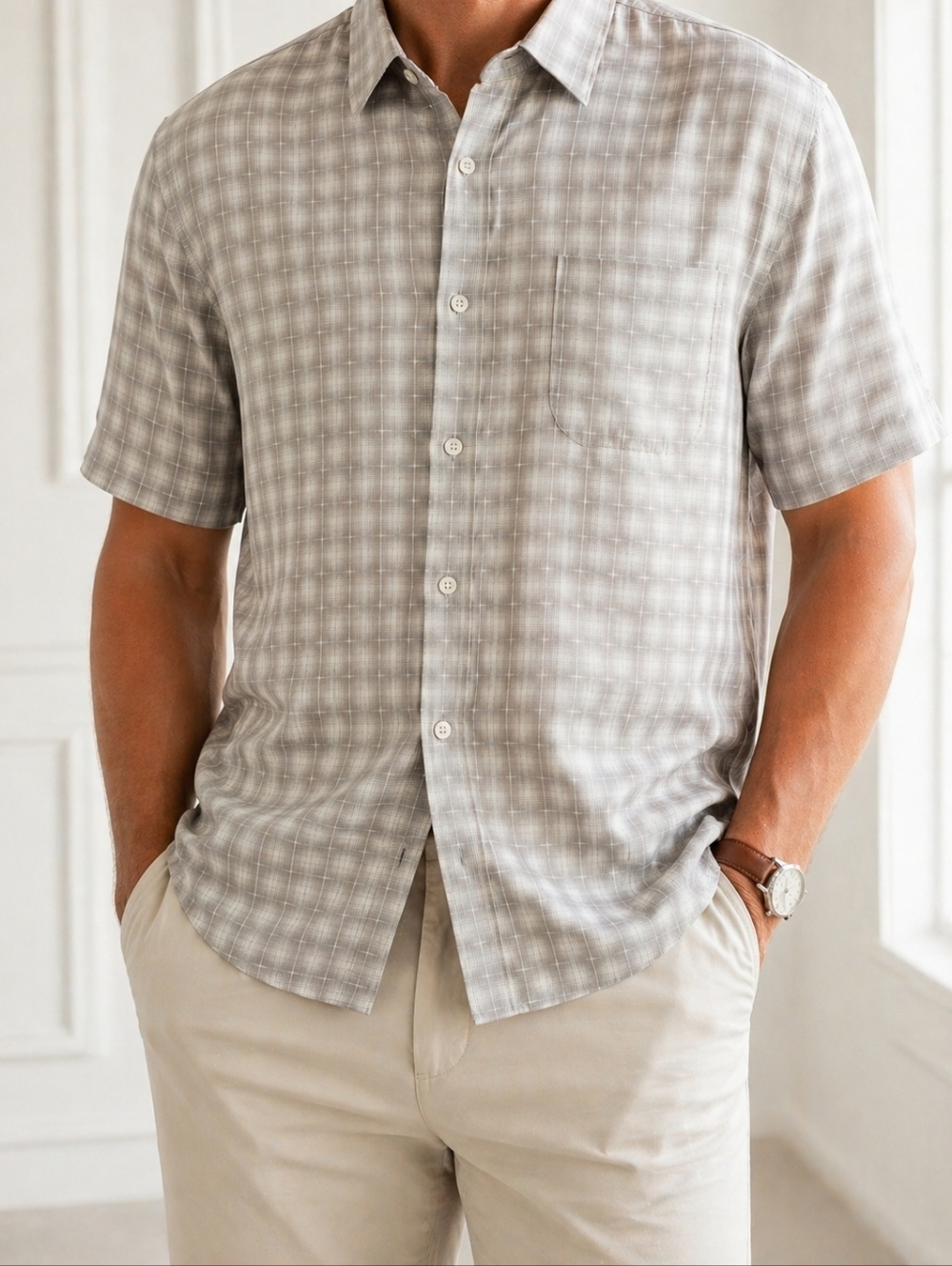 Bugatchi Uomo Short Sleeve Modal Blend Plaid Button-Up Shirt Large